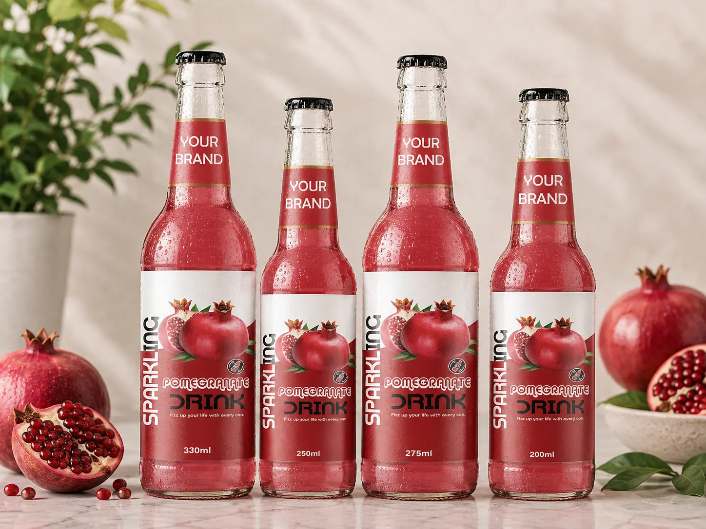 SPARKLING DRINK Pomegranate Flavored Drink in 330ml, 250ml, 275ml, and 200ml glass bottles.